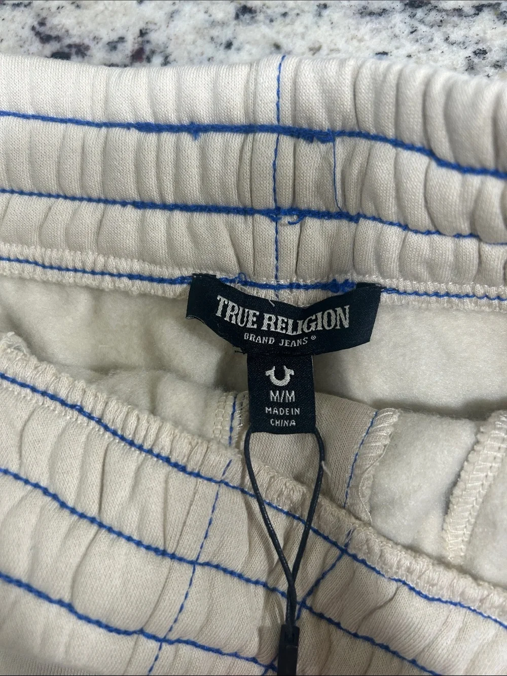 True Religion Cream Shorts with Blue Drawstring and Trim